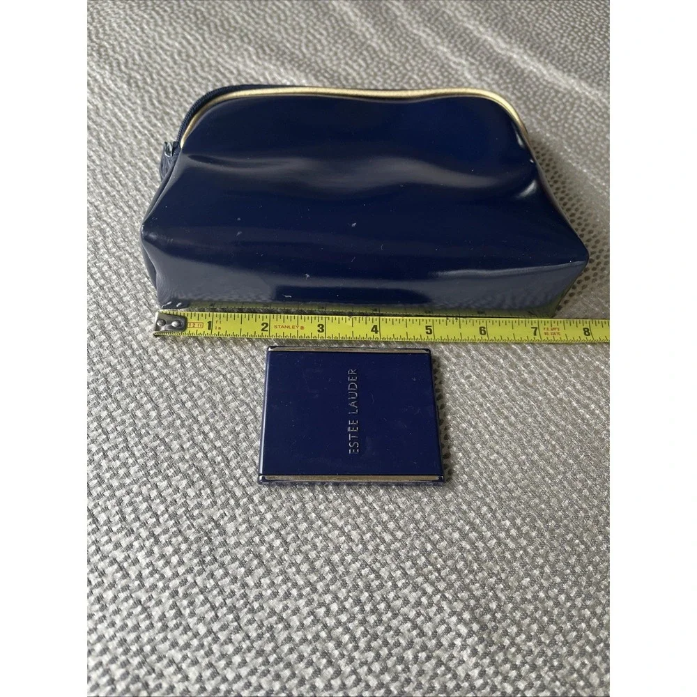Vintage Estée Lauder Classic Navy Blue Gold Travel Bag Makeup Bag Compact Mirror